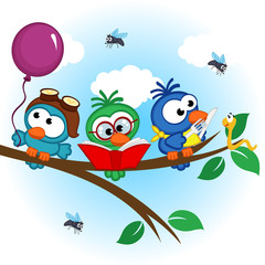 birds on tree reads,eats, on balloon - vector illustration, eps