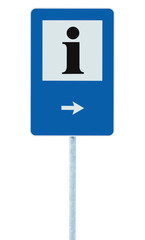 Info sign blue, black i letter icon, right hand arrow
