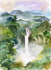 Fototapeta premium Watercolor illustration of beautiful waterfall and mountains