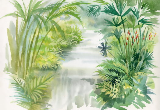 Watercolor Illustration Of Waterfall In Jungle