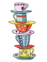 Stack of bright colored funny cups and saucers