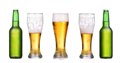 Bottle and glass with foam beer isolated on white