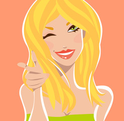 Smiley wink blonde in a green to the coral background