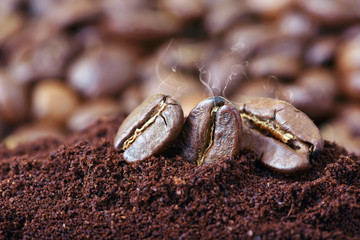 macro closeup smoky roast coffee beans