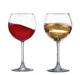 Red and white wine splash wave in glass isolated