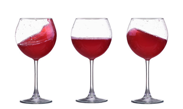 set of red wine glass splash isolated on white