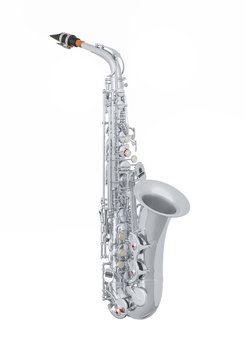 silver alto saxophone in soft light