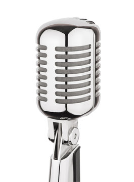 Vintage silver metal microphone isolated on white background