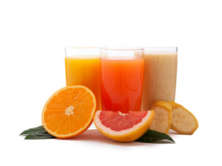 Tropical fruits and juice isolated on white