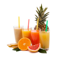 Tropical fruits and juice isolated on white