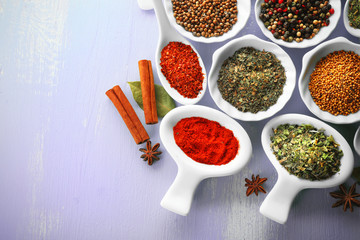 Different kinds of spices in ceramics bowls and spoons