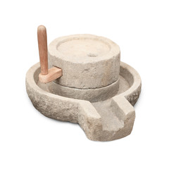 Old manual stone millstones on a white background