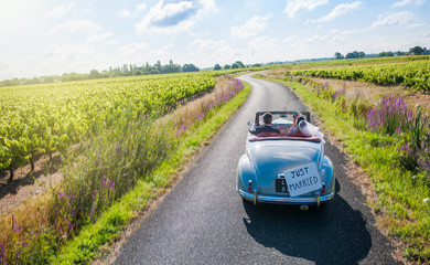A newlywed couple is driving a retro car, top view