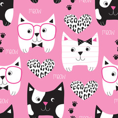 seamless pink cat pattern vector illustration
