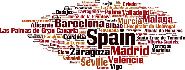 Fototapeta premium Cities in Spain word cloud concept. Vector illustration