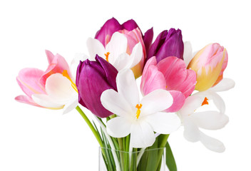 Obraz na płótnie Canvas Fresh bouquet with tulips and crocus isolated on white