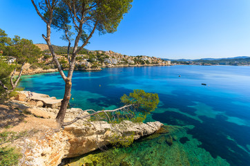 Fototapeta na wymiar Turquoise sea in Cala Fornells bay, Majorca island, Spain