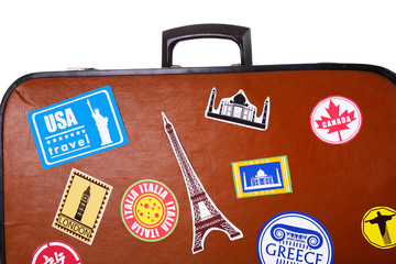Suitcase with stickers, closeup