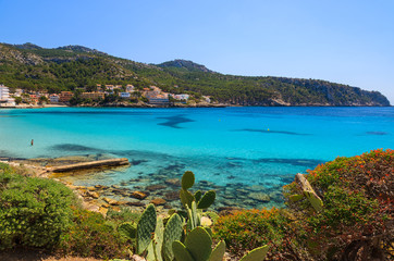 View of sea in Sant Elm holiday town, Majorca island, Spain
