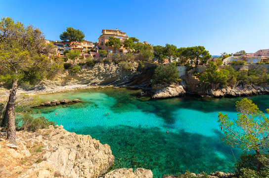 Turquoise sea in Cala Fornells bay, Majorca island, Spain
