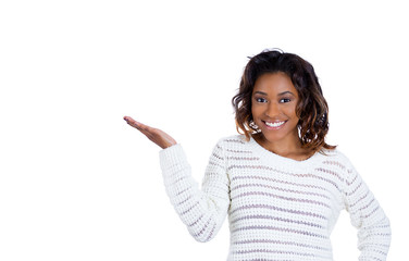 confident young smiling woman gesturing, presenting space 