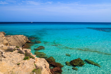 Obraz premium Azure sea of Son Mol beach on coast of Majorca island, Spain