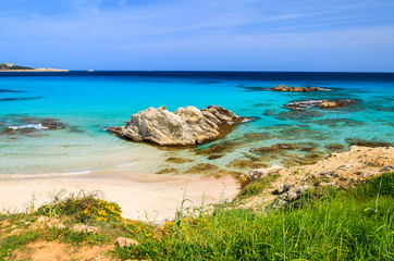 Azure sea of Son Mol beach on coast of Majorca island, Spain