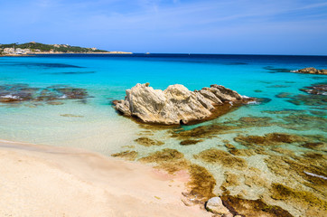 Azure sea of Son Mol beach on coast of Majorca island, Spain