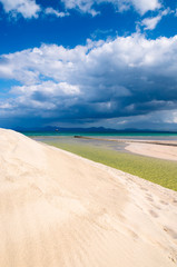 Sea lagoon and sand dune on Alcudia beach, Majorca island, Spain