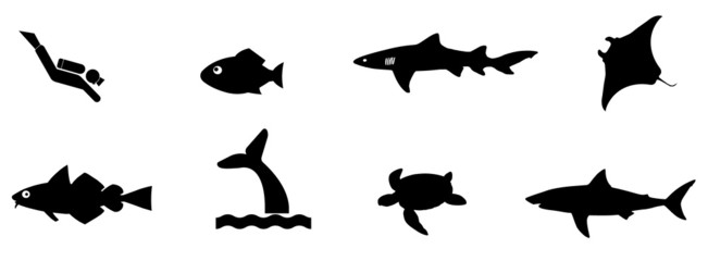 Animaux marins et plongeur en 8 icônes © Atlantis