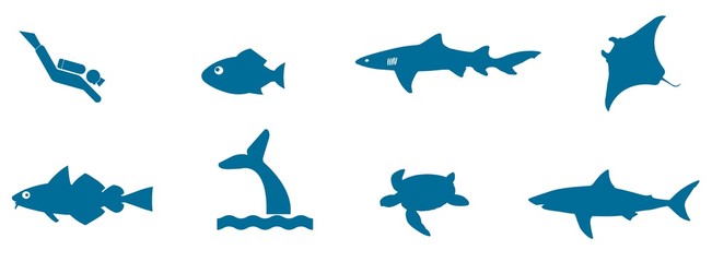 Animaux marins et plongeur en 8 icônes