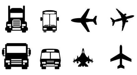 Transports routier et aérien en 8 icônes