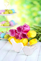 Fototapeta na wymiar Easter decoration, eggs and tulips