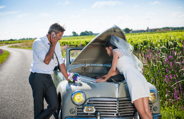 The newlyweds have a car breakdown.