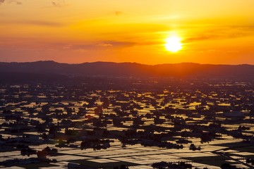 Sunset at flooded rice field, Sankyoson, Toyama, Japan