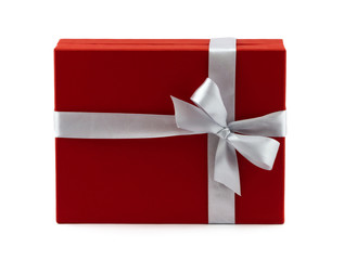 Red gift box decorated white ribbon with bow