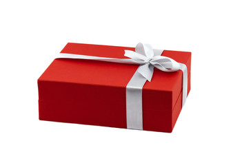 Red gift box decorated white ribbon with bow