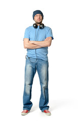 Fototapeta premium Bearded man in a cap and headphones on white background
