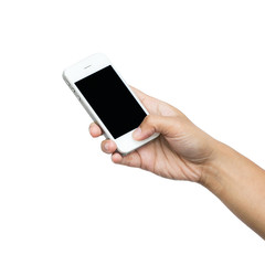 Woman holding smart phone isolated on white background