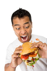 Young Man have a great desire to eat a burger