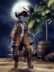 Pirat zombie na plaży z beczkami i czaszkami nocą