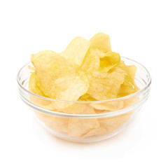 Multiple potato chips in a glass bowl
