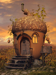 Baśniowa chatka z żołędzia na kwitnącej łące © Obsidian Fantasy