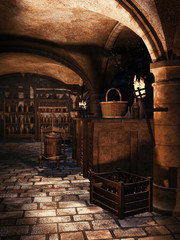 Wnętrze piwnicy na wino oświetlone pochodniami