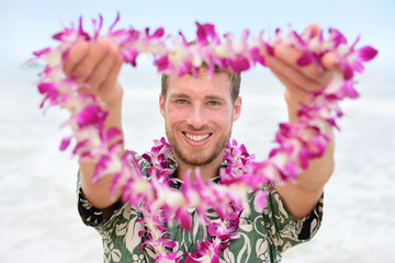 Hawaii Caucasian man with welcome Hawaiian lei