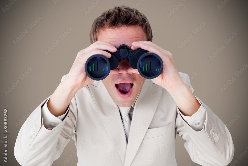 Poster composite image of positive businessman using binoculars