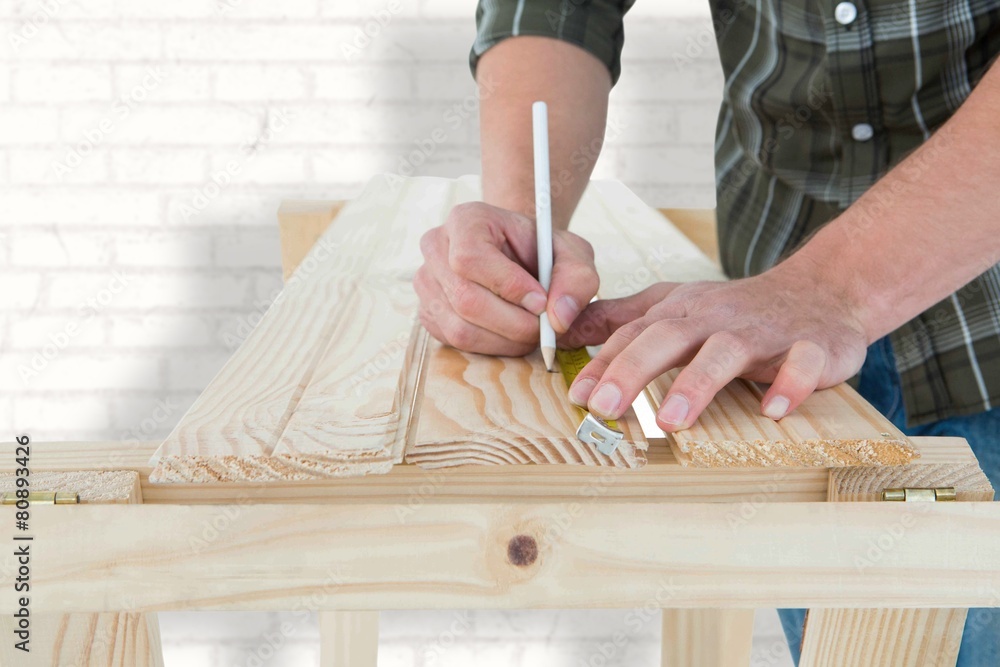 Poster composite image of carpenter marking on wooden plank