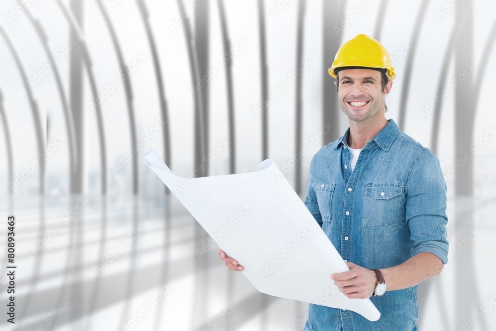 Poster composite image of happy architect holding blueprint in house