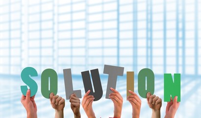 Composite image of hands holding up solution
