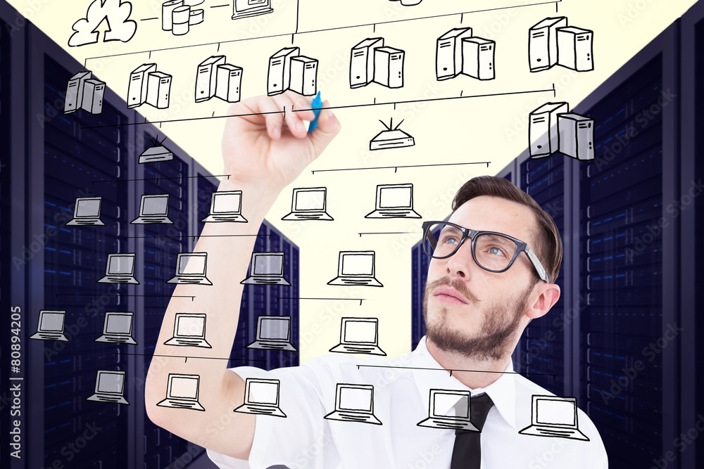 Poster Composite image of geeky businessman writing with marker